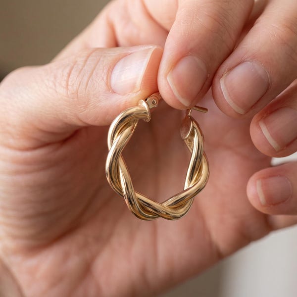 14K Solid Gold Braided Hoop Earrings, Chunky Textured Twist, Waterproof (2.33g)