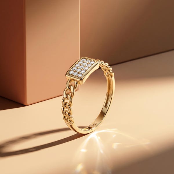 14K Solid Gold Cuban Chain Signet Ring, CZ Pave Statement Ring