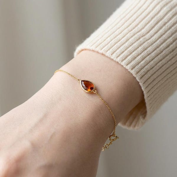 14K Solid Gold Pear Garnet Bracelet, Dainty January Birthstone Layering Jewelry