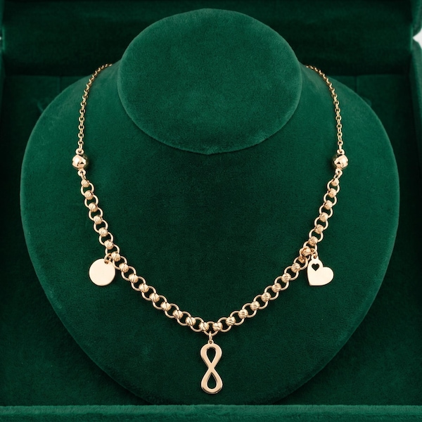 14K Solid Gold Infinity Heart Disc Star Necklace, Rolo Chain Jewelry