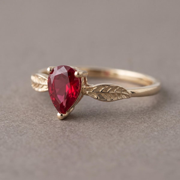 14K Gold Pear Cut Red CZ Ring, Engraved Olive Leaves, Custom Size Promise Ring