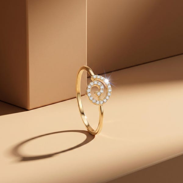 14K Solid Gold Swirl Ring, Dainty CZ Band, Minimalist Everyday Jewelry