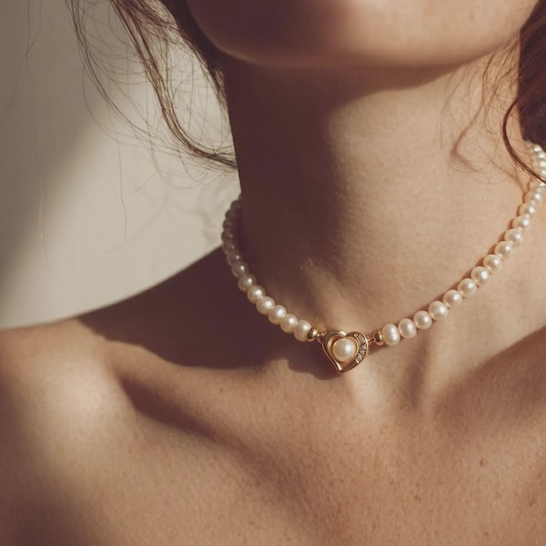 14K Solid Gold Heart Pearl Choker, Freshwater Luminous Pearls, Pavé CZ Pendant