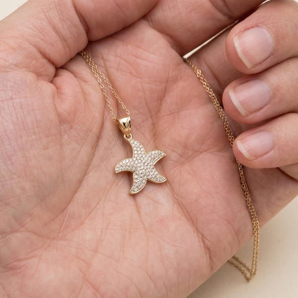14K Solid Gold Starfish Necklace, Large Pave CZ Sea Star Pendant, Sparkling Ocean Jewelry