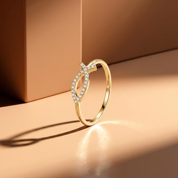 14K Solid Gold Ichthys Ring, Christian Fish Symbol Band with CZ, Faith Stacking Ring