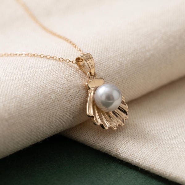 14K Solid Gold Seashell Necklace with Freshwater Pearl, Coastal Scallop Pendant