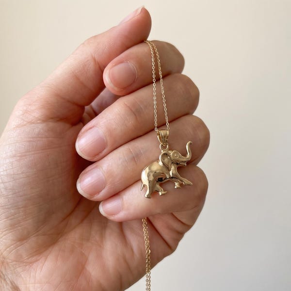 14K Solid Gold 3D Elephant Pendant Necklace, Trunk Up Good Luck Charm