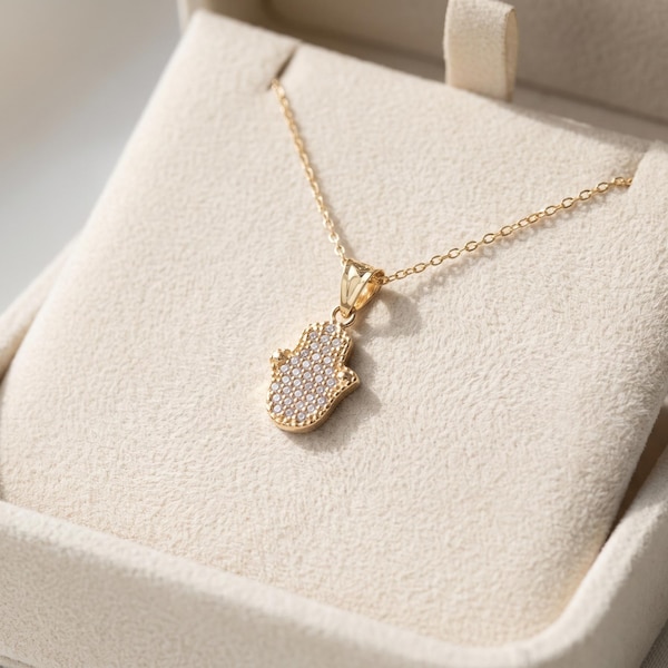 14K Gold Pave Hamsa Necklace, Cubic Zirconia Hand Pendant, Judaica Protection Jewelry