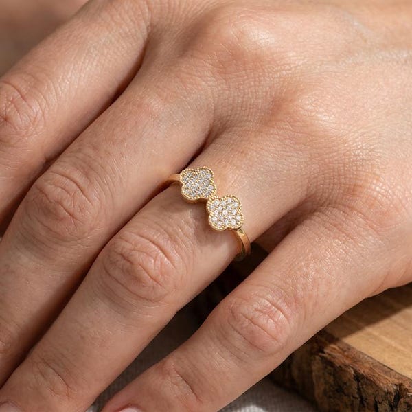 14K Solid Gold Double Clover Ring, Pave CZ Lucky Charm Stacking Band