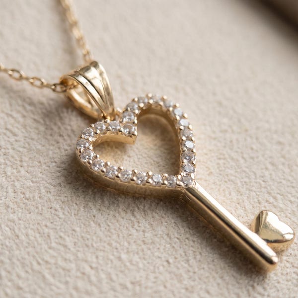 14K Solid Gold Heart Key Necklace, Pave CZ Open Heart Pendant, Daughter Gift