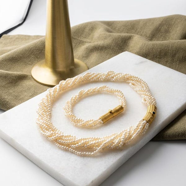 Freshwater Pearl Necklace Bracelet Set, 14K Solid Gold Twisted Byzantine Clasp Bridal Jewelry