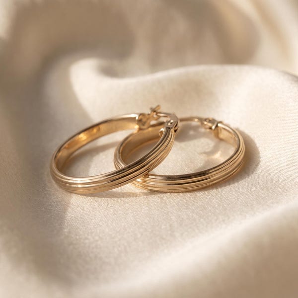 Hoop Earrings 14K Solid Gold Thick Ribbed Tube Hoops, Snap Closure, 2 cm Small Everyday Pair for Women, Stamped 585, Made in Istanbul