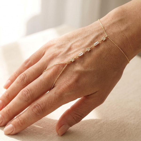 14K Solid Gold Hand Chain Bracelet with Baguette Stones, Adjustable Turkish Sahmeran Ring