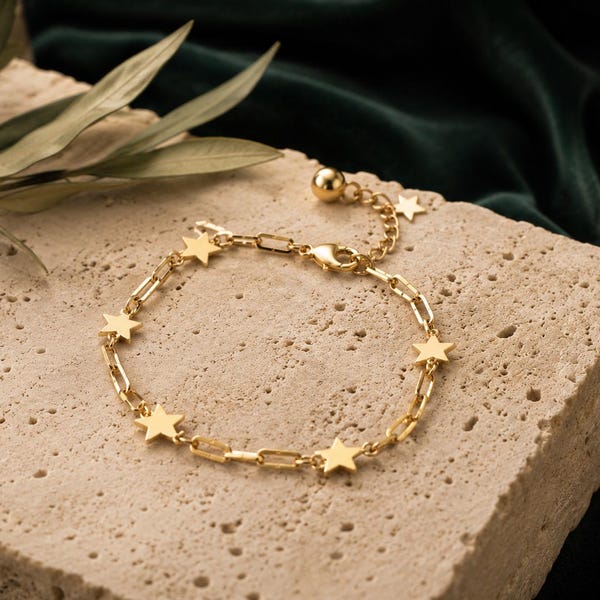 14K Solid Gold Star Charm Bracelet, Paperclip Link Chain, Dainty Celestial Stacking Bracelet, Stamped 585, Gift for Her