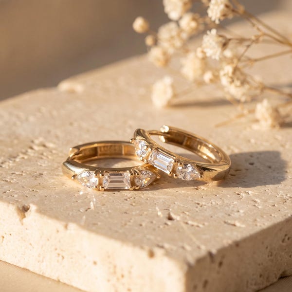 Huggie Hoop Earrings 14K Solid Gold with Baguette and Pear Cut Stones, Small 1.7 cm Sparkly Pair, Art Deco Bridal Gift, Stamped 585