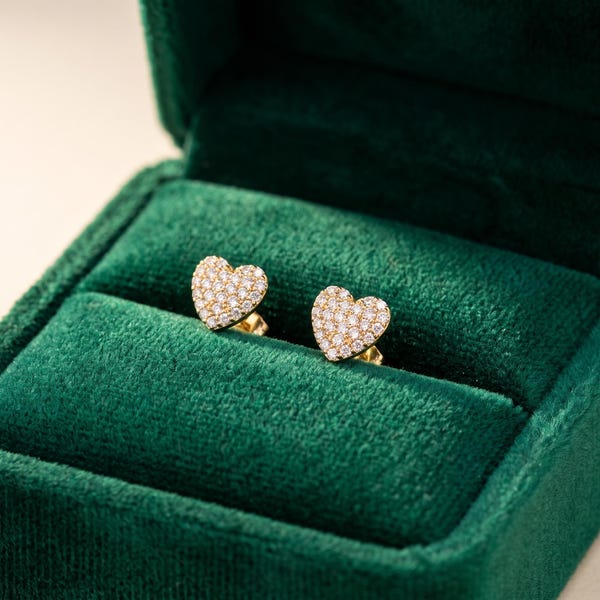 14K Solid Gold Pave CZ Heart Stud Earrings, Dainty Second Hole Jewelry