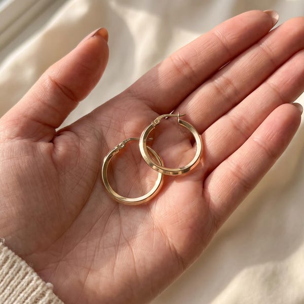 Sleeper Earrings 14K Solid Gold Square Edge Hoops, 2 cm Small Plain Polished Pair for Second Hole, Sleep and Shower In Them, Stamped 585