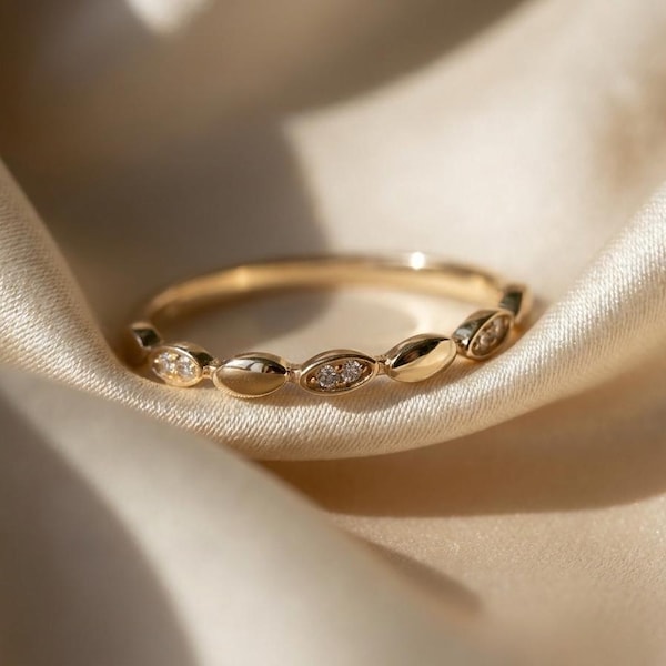 14K Solid Gold Marquise CZ Station Ring, Delicate Stacking Band