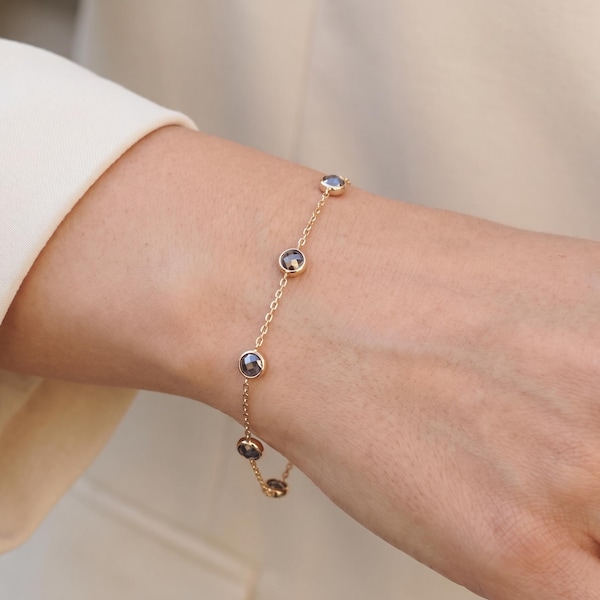 14K Gold CZ Bezel Station Bracelet, Adjustable Cable Chain, Anniversary Gift