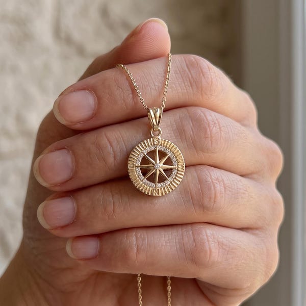 14K Solid Gold Compass Necklace, Pave CZ Rose Pendant, Graduation Travel Gift