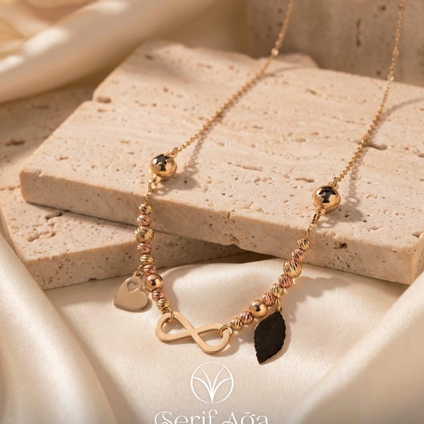 14K Solid Gold Infinity Heart Leaf Star Station Necklace, Two Tone Beads