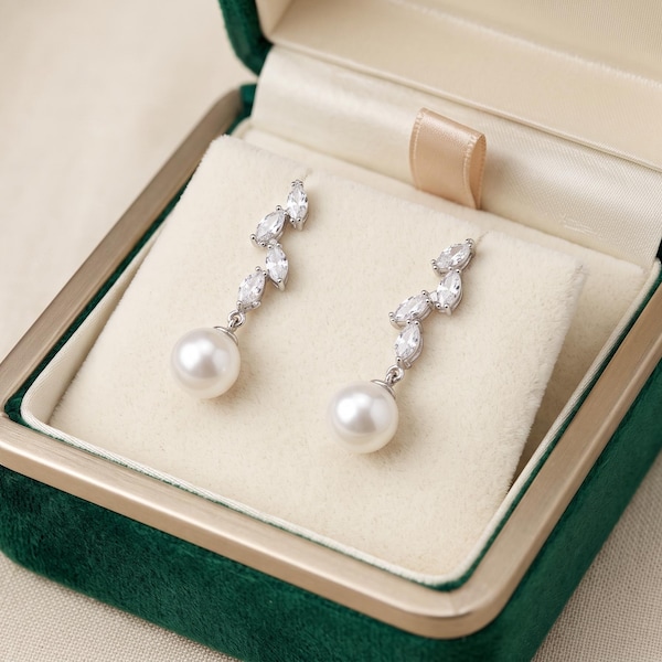 14K Solid White Gold Marquise CZ Pearl Drop Earrings, Bridal Vine Wedding Jewelry