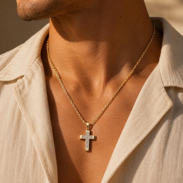 14K Solid Gold Two-Tone Cross Pendant Necklace, Pave CZ Charm, Anchor Chain