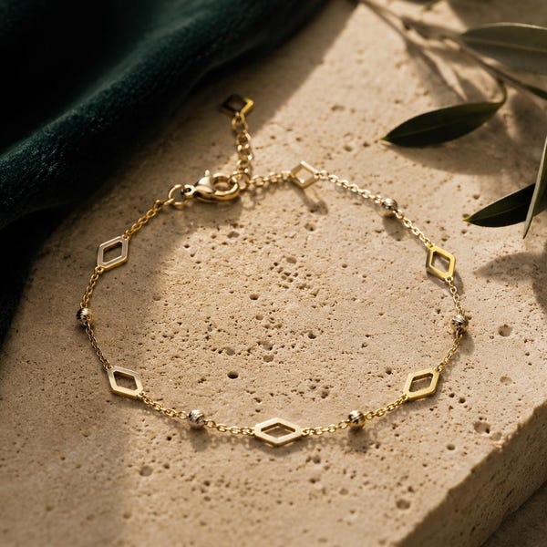 14K Solid Gold Geometric Station Bracelet, Diamond-Cut Bead Chain, Minimalist Layering Jewelry