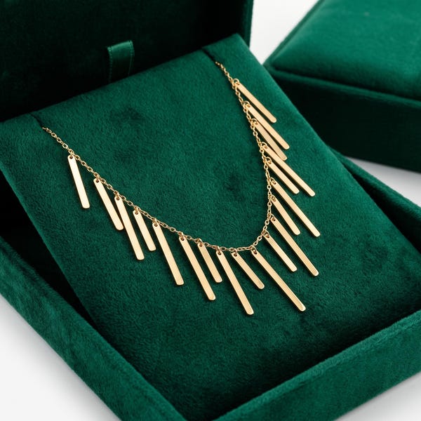 14K Solid Gold Graduated Bar Fringe Necklace, Modern Statement Jewelry