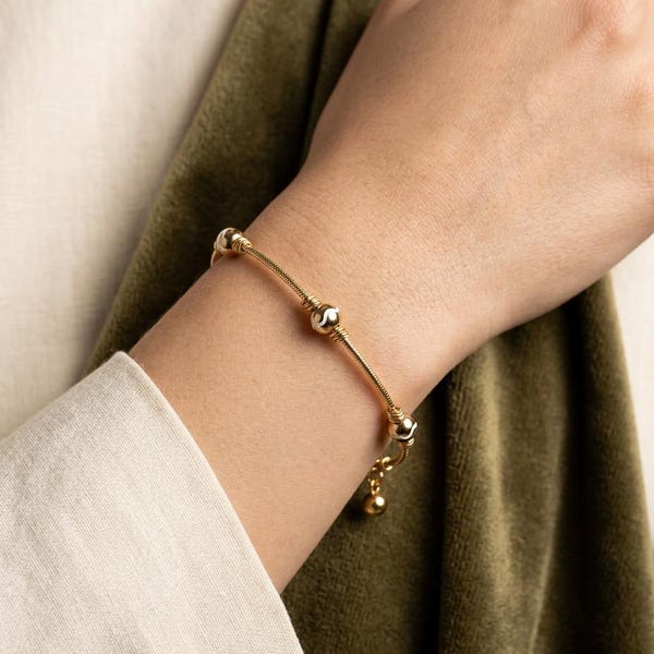14K Solid Gold Two-Tone Beaded Snake Chain Bracelet, Everyday Minimalist Layering Jewelry