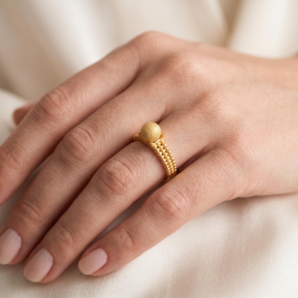 Chunky Gold Ring in 14K Solid Gold, Textured Dome Ball Bead Mesh Band, Bold Statement Solitaire Ring