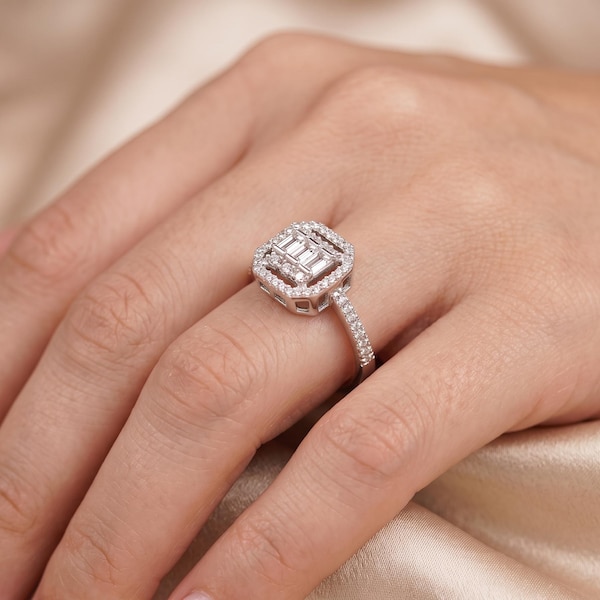 14K Solid White Gold Baguette Halo Ring, Art Deco Octagon Three Stone Engagement Ring