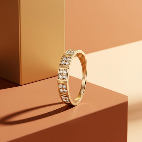 14K Solid Gold Checkerboard Ring with CZ Stones, Modern Square Wedding Band