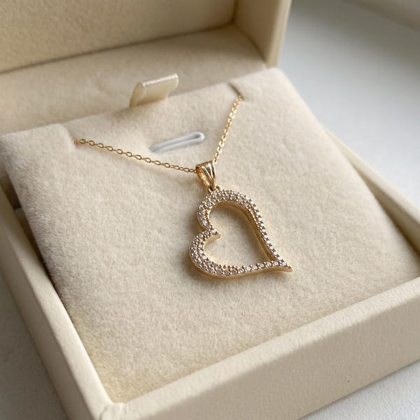 14K Gold Open Heart Necklace, Tilted Pave CZ Outline Pendant, New Mom Gift