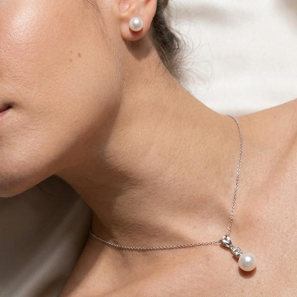 Freshwater Pearl Necklace and Stud Earrings Set, 14K Solid White Gold Bridal Jewelry