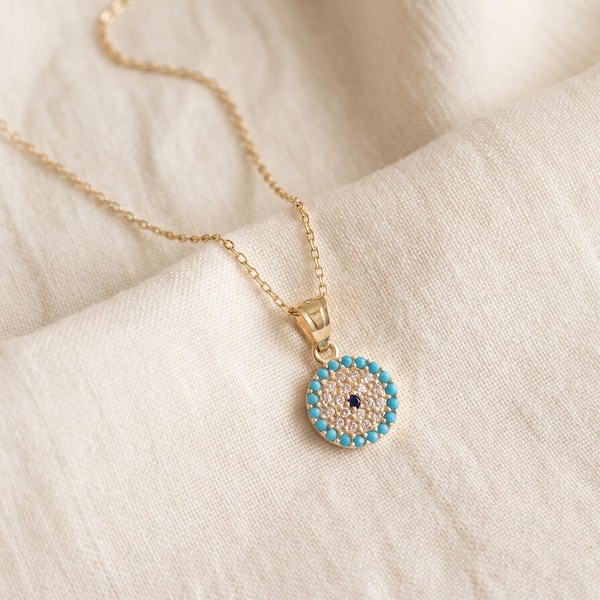 14K Solid Gold Turquoise Evil Eye Necklace, Dainty Nazar Disc Pendant, December Birthstone