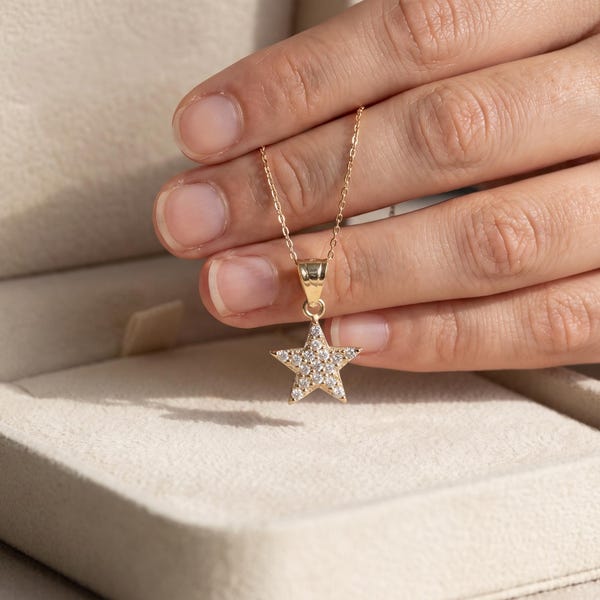 14K Gold Pave CZ Star Pendant Necklace, Dainty Layering Charm (0.57g)