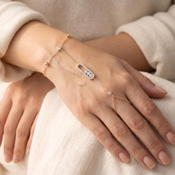 Hand Chain Bracelet 14K Solid Gold with Three Floating Stones, Pave Oval Slider, Attached Finger Ring Loop, Bridal Gift, Stamped 585