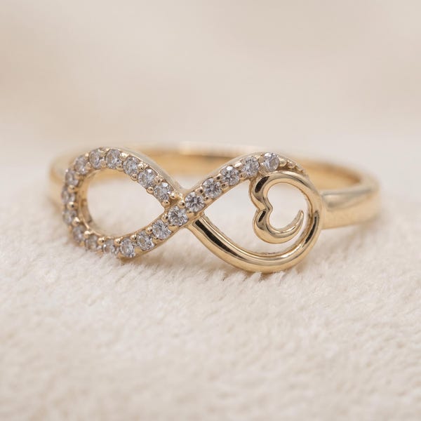14K Gold Infinity Heart Ring, Pave CZ Remembrance Jewelry, Anniversary Gift