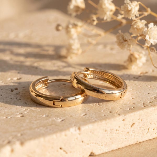 Huggie Hoop Earrings 14K Solid Gold Thick Domed Band, 12 mm Tiny Chunky Pair for Cartilage Conch and Lobe, Everyday Wear, Stamped 585
