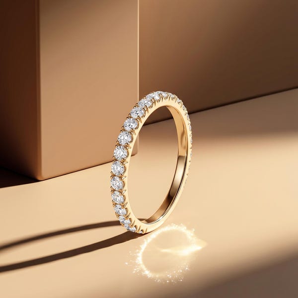 14K Solid Gold Half Eternity Ring, Pavé CZ Wedding Band, Thin Stackable Anniversary Ring