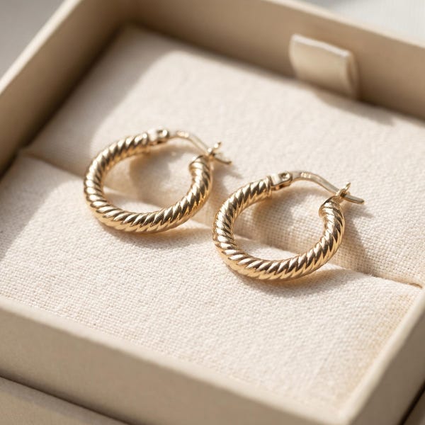 14K Gold Croissant Hoop Earrings, Ribbed Sculptural Dome, Waterproof (13mm/20mm)