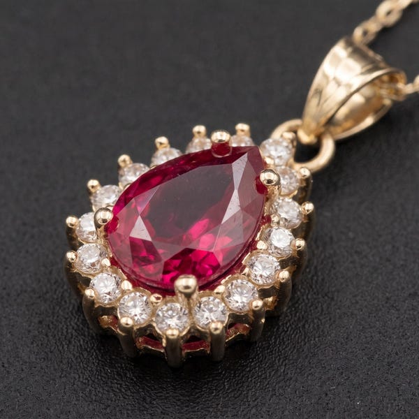 14K Gold Pear Ruby Pendant, CZ Halo, July Birthstone Necklace (40cm)