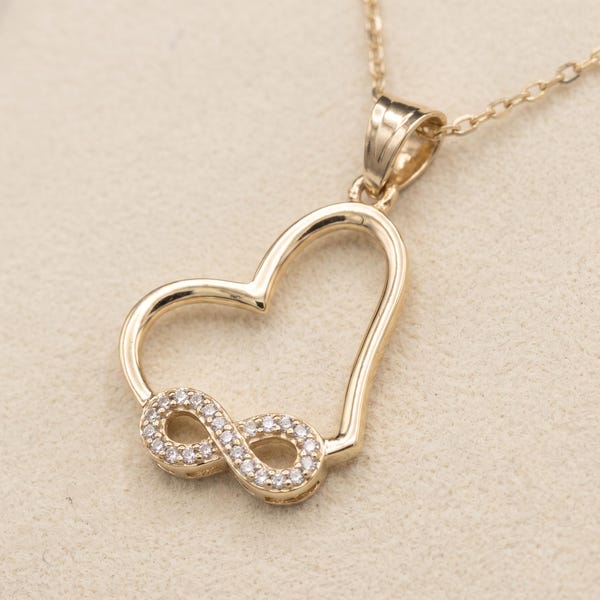 14K Solid Gold Infinity Heart Necklace with Pave CZ, Dainty Pendant Jewelry