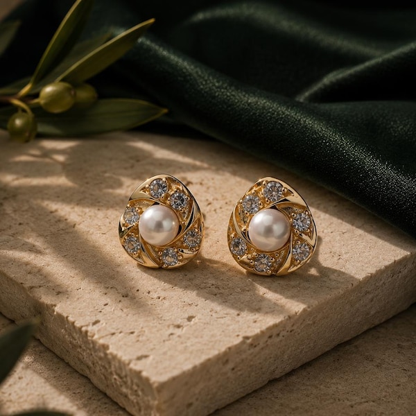 14K Solid Gold Pearl Cluster Earrings, Vintage CZ Halo Studs, Antique Style Freshwater Pearl