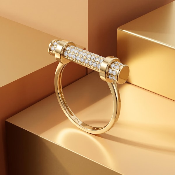 14K Solid Gold Bar Ring, Pave CZ Stones, Modern Architectural Statement Ring