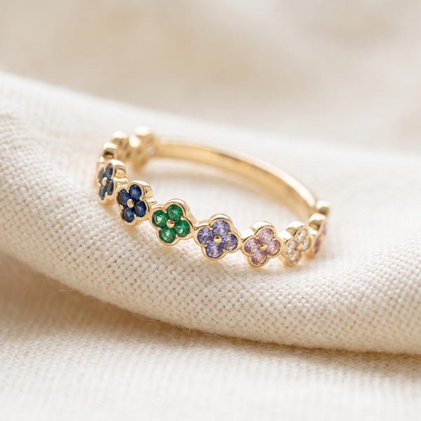 14K Solid Gold Rainbow Flower Eternity Band, Multicolor Daisy Ring (Made to Order)
