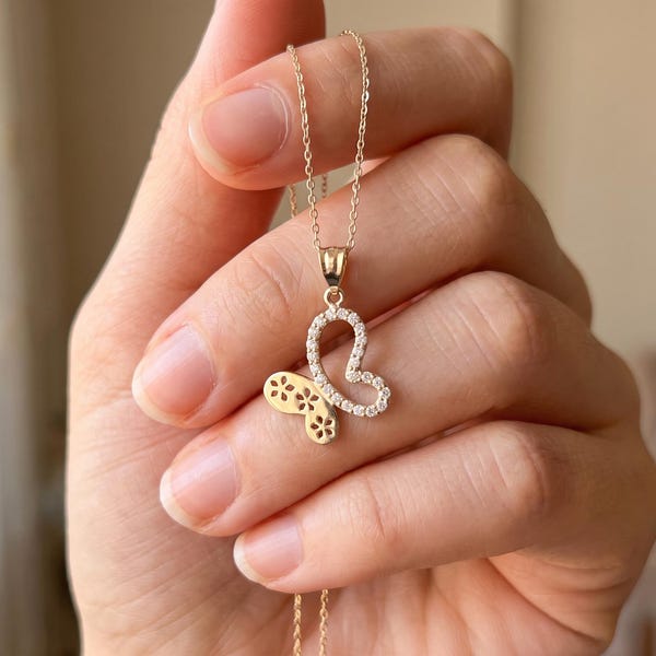 14K Solid Gold Butterfly Necklace, Pave CZ Outline, Pierced Flower Detail, Y2K Style Pendant