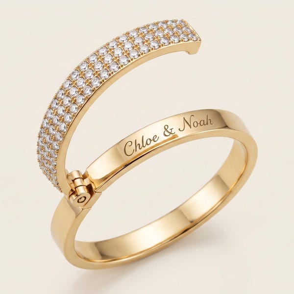 14K Solid Gold Toi et Moi Ring, Adjustable Pave CZ, Engraved Names
