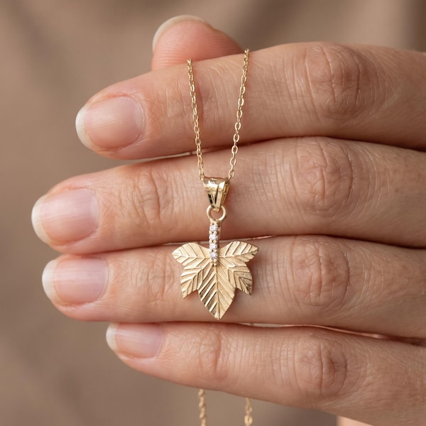 14K Solid Gold Leaf Necklace, Textured Botanical Pendant, Cubic Zirconia Accents